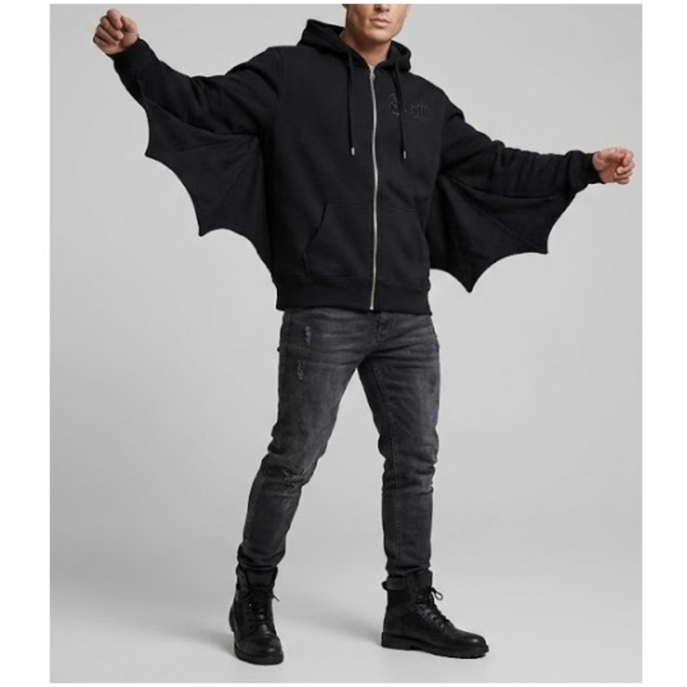 Ghost Unisex Black Long Sleeves Hooded Full Zip Bat Wing Hoodie Size XL NWT